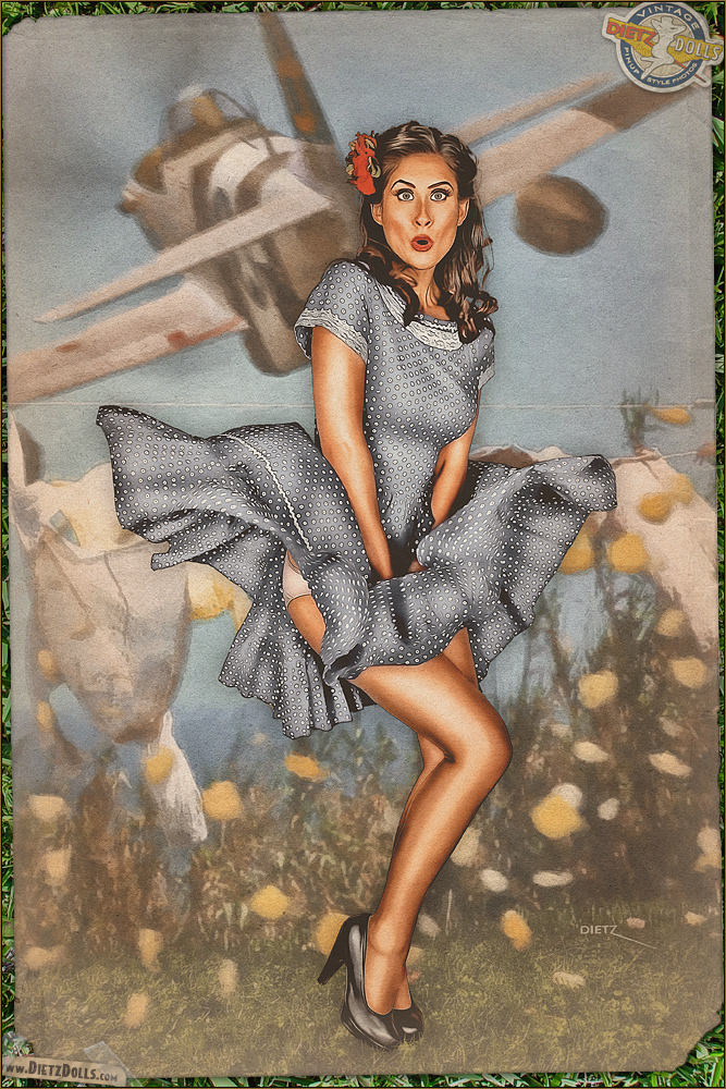 Crystal having her dress blown up by a P-51 Mustang int his 1940s pinup.